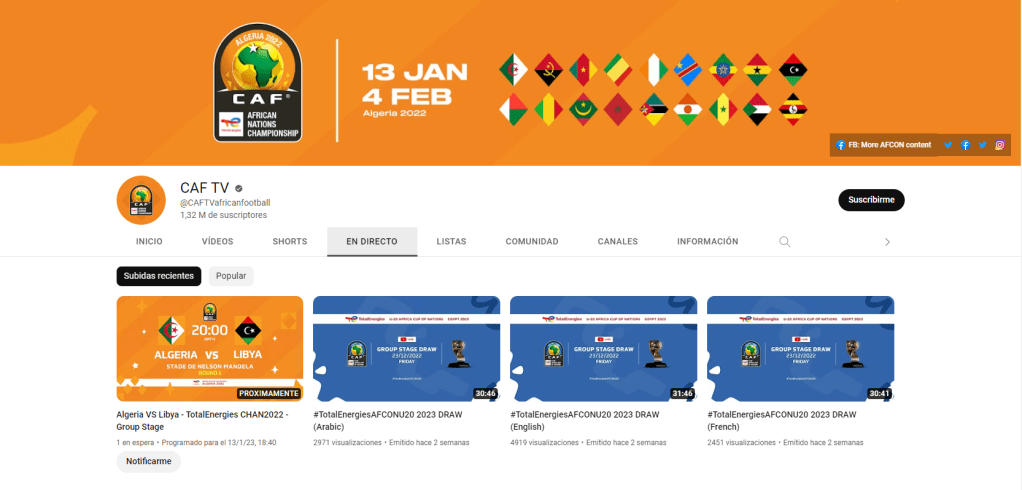 Canal oficial de la CAF TV en Youtube, donde se podrán ver los partidos en directo